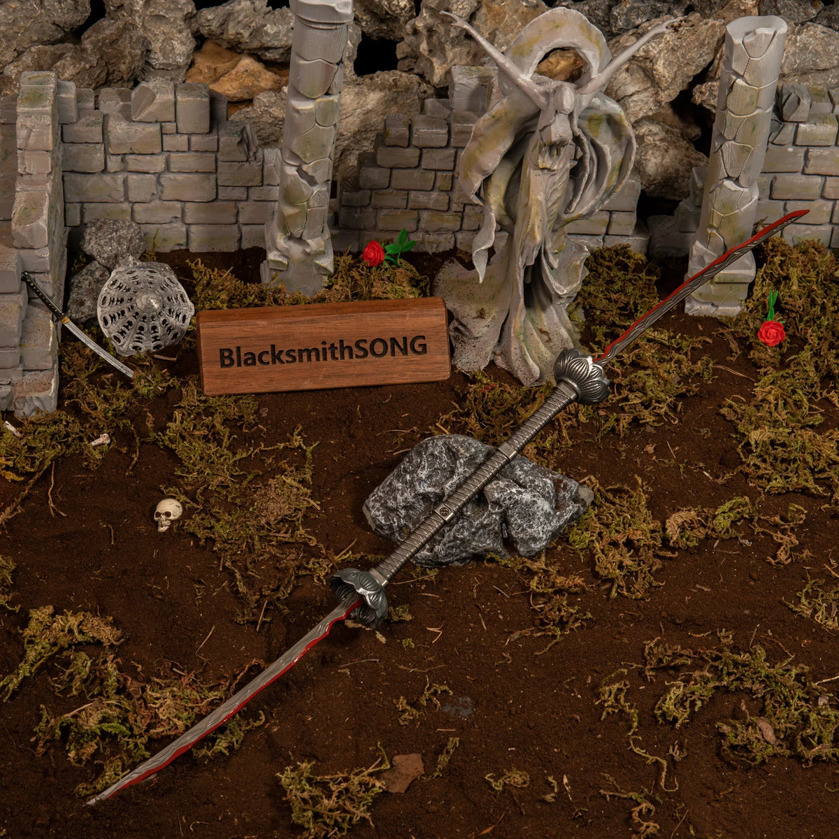 Eleonora's Poleblade replica displayed on a stone, with Marika's statue, blooming Bloodroses, and Yura's Nagakiba in the background.