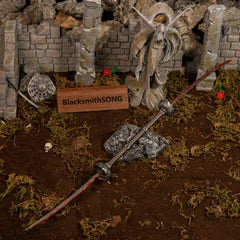 Eleonora's Poleblade replica displayed on a stone, with Marika's statue, blooming Bloodroses, and Yura's Nagakiba in the background.