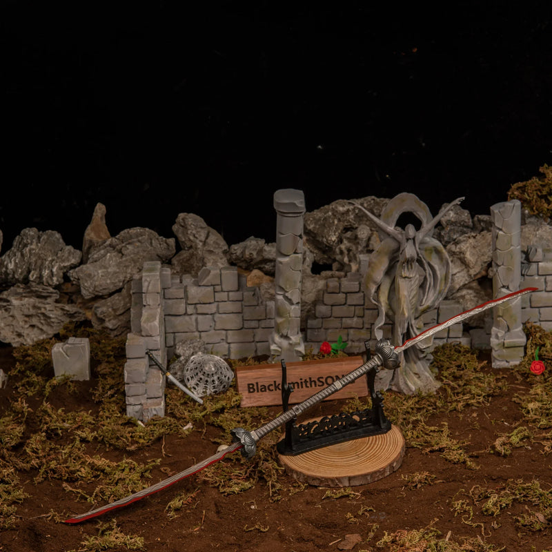 1/6 scale Eleonora's Poleblade metal replica mounted on a large horizontal wooden stand (sold separately) near Yura's Iron Kasa.