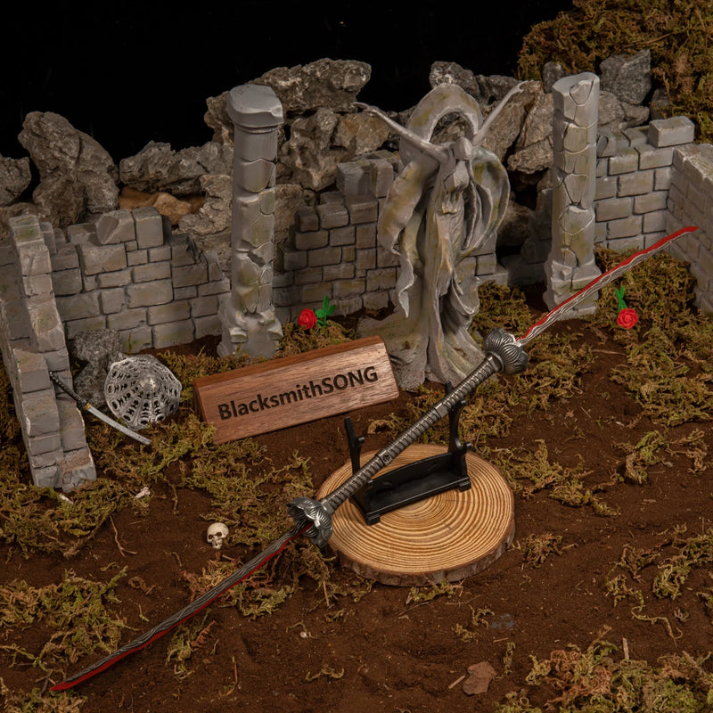 Eleonora's Poleblade replica balanced on a small horizontal wooden stand (sold separately) in front of the Statue of Queen Marika.