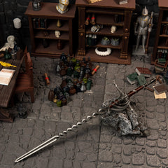 Fire Knight's Greatsword replica displayed on a rock, surrounded by apothecary jars, scrolls, and a monster horn in the Specimen Storehouse.