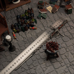 Fire Knight's Greatsword metal replica measured against a ruler on cobblestones, confirming its exact 30cm colossal length.