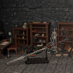 30cm Fire Knight's Greatsword metal replica mounted on a large horizontal wooden stand (sold separately) near potion bottles.