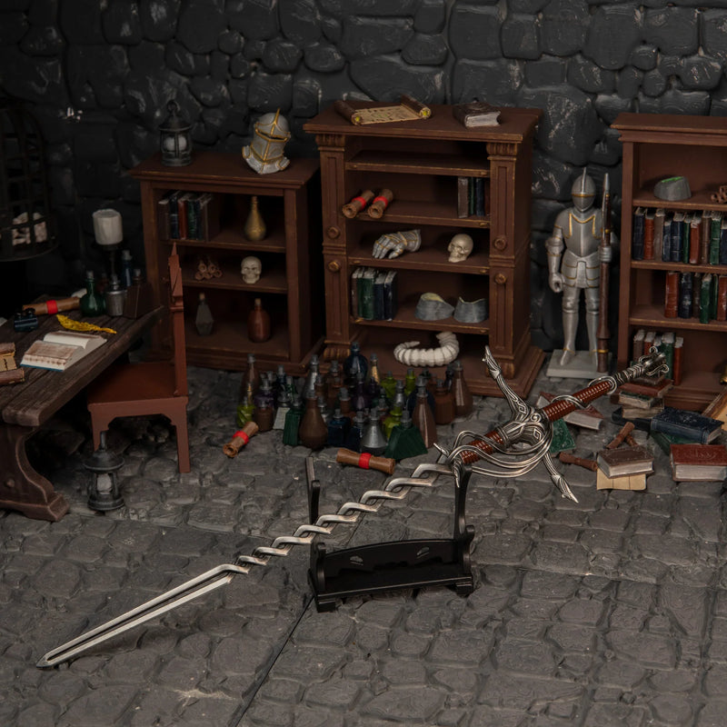 1/6 scale Fire Knight's Greatsword resting on a small wooden stand (sold separately) next to Specimen Storehouse bookshelves.