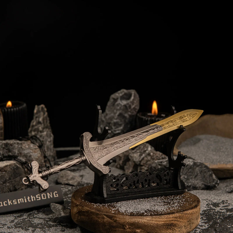 Angled shot of the Gargoyle's Greatsword on a large horizontal display stand, illuminated by a lit black candle in the background.