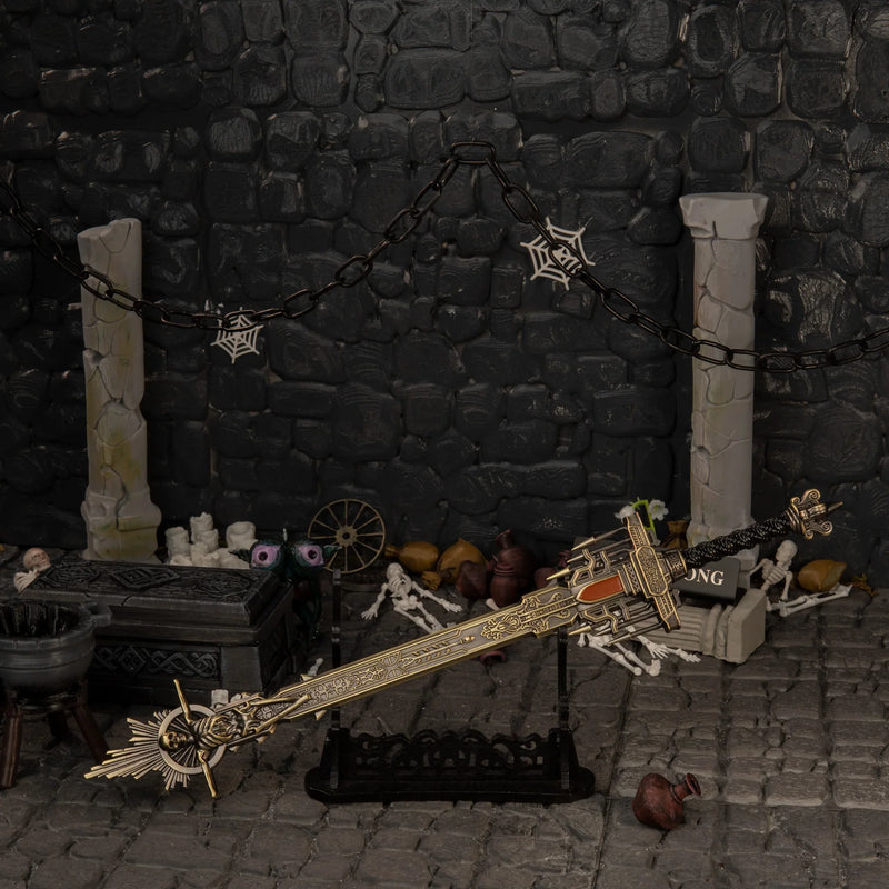 Golden Epitaph replica — displayed on the large stand between broken stone pillars.