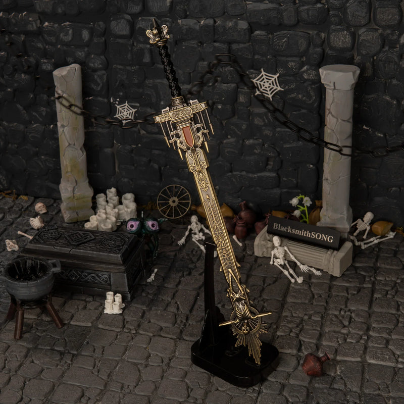 Golden Epitaph replica — standing upright on the vertical display stand.