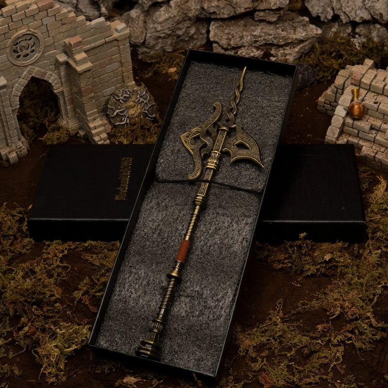 Golden Halberd replica — in its foam-lined gift box.