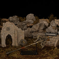 Golden Halberd replica — displayed on the large stand against the ruin backdrop.
