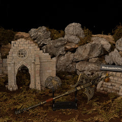 Golden Halberd replica — displayed on the small stand inside the diorama.