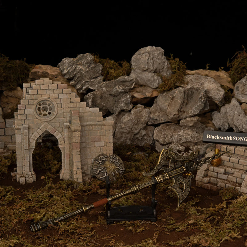 Golden Halberd replica — displayed on the small stand inside the diorama.