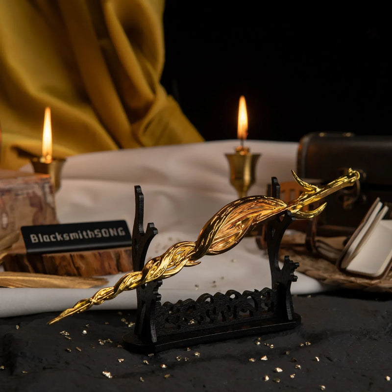 Greatsword of Damnation displayed horizontally on a large black sword stand with candles in the background.