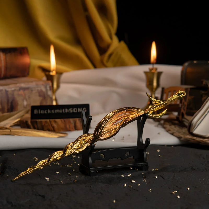 Greatsword of Damnation displayed on a small, simple horizontal stand against a vintage background.
