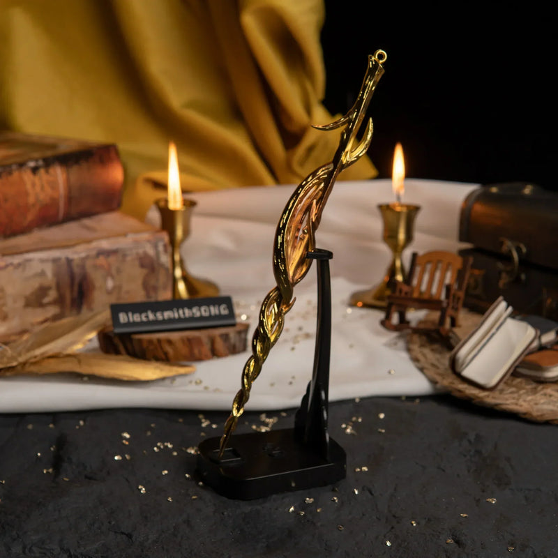 Vertical display of the Greatsword of Damnation on an upright black stand with lit candles and books.