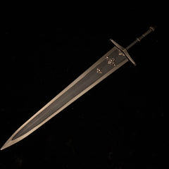 Greatsword of Solitude metal replica isolated on a black background, showing its broad, dark grey blade and simple hilt.