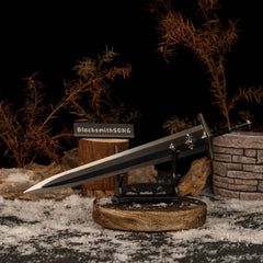 Greatsword of Solitude displayed on a small horizontal stand in a wintery diorama.