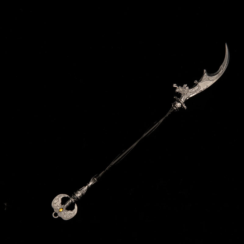 Solid metal replica of Loretta's War Sickle from Elden Ring, featuring a silver crescent blade and dark shaft, isolated on a black background.