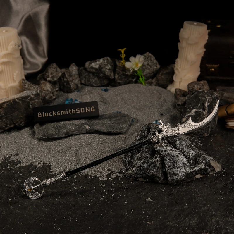 Wide angle view of the Loretta's War Sickle miniature in a dark fantasy diorama with white pillar candles, rocks, and a BlacksmithSONG logo sign.