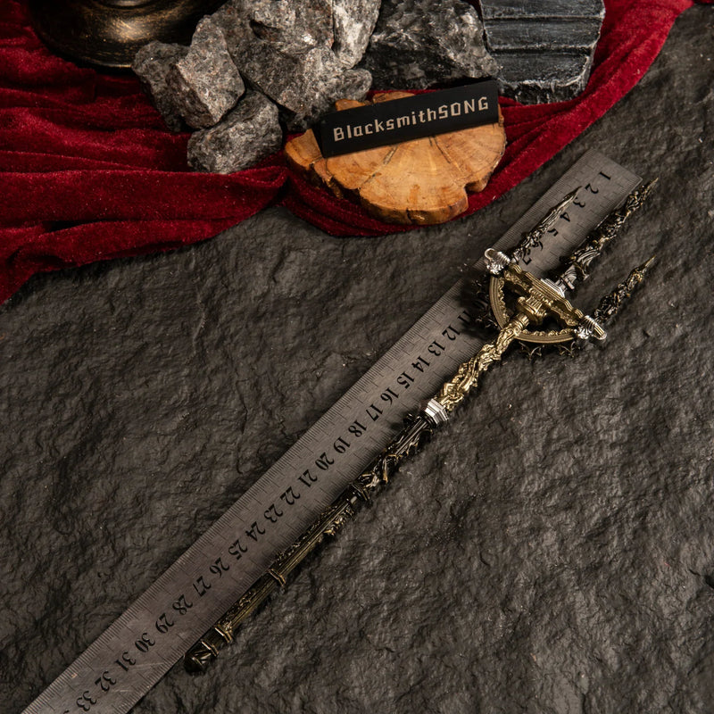 Top-down view of the Mohgwyn's Sacred Spear replica placed next to a ruler, showing a total length of approximately 30 centimeters.