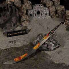 Wide angle view of the Nomad's Kilij metal miniature lying diagonally across dark rocks in a ruined temple setting with a BlacksmithSONG sign.