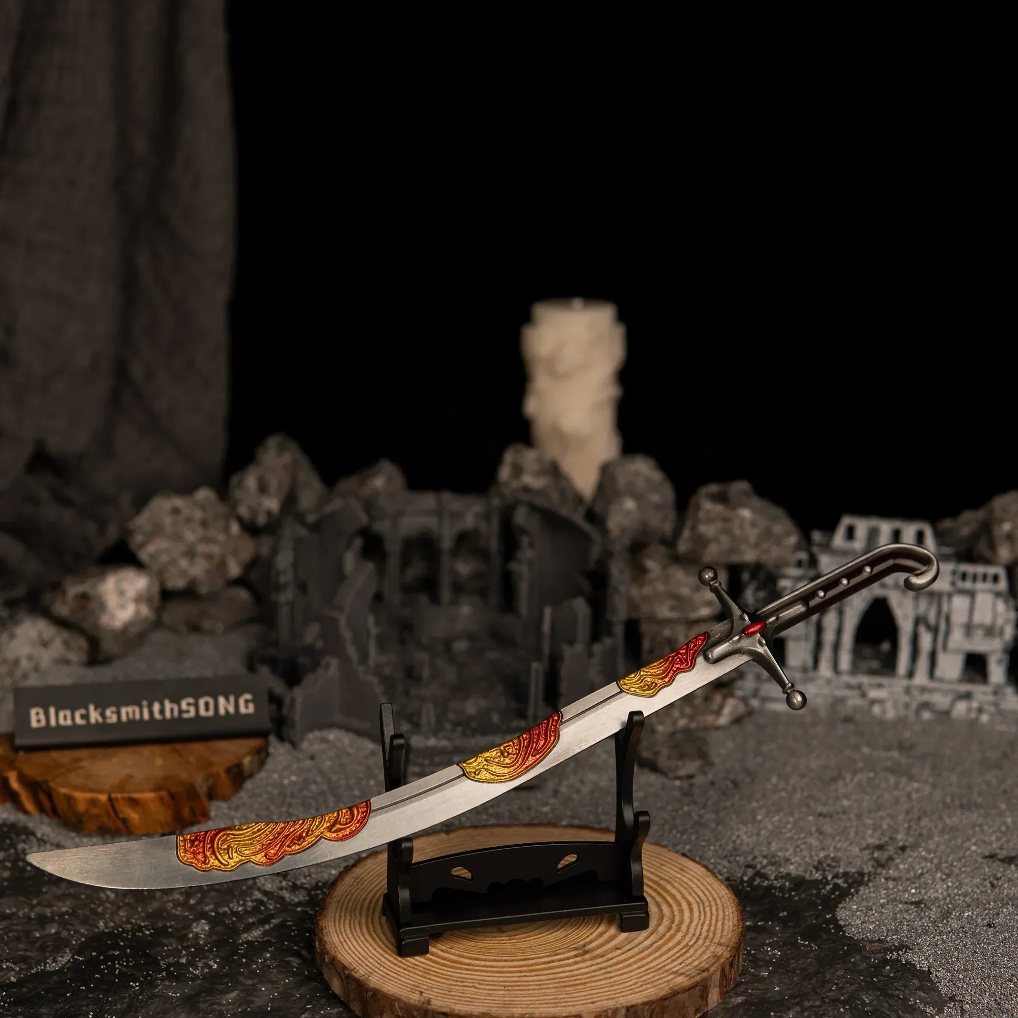 Nomad's Kilij miniature resting horizontally on a small black stand, positioned on a wooden base with ruined stone pillars in the background.