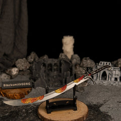 Nomad's Kilij miniature resting horizontally on a small black stand, positioned on a wooden base with ruined stone pillars in the background.