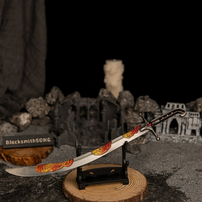 Nomad's Kilij miniature resting horizontally on a small black stand, positioned on a wooden base with ruined stone pillars in the background.