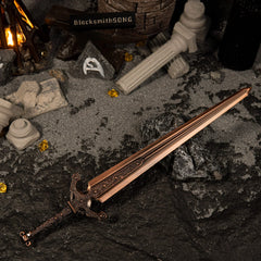 Wide angle view of the Ordovis's Greatsword miniature in a dark fantasy setting with broken stone pillars, glowing amber crystals, and a BlacksmithSONG sign.