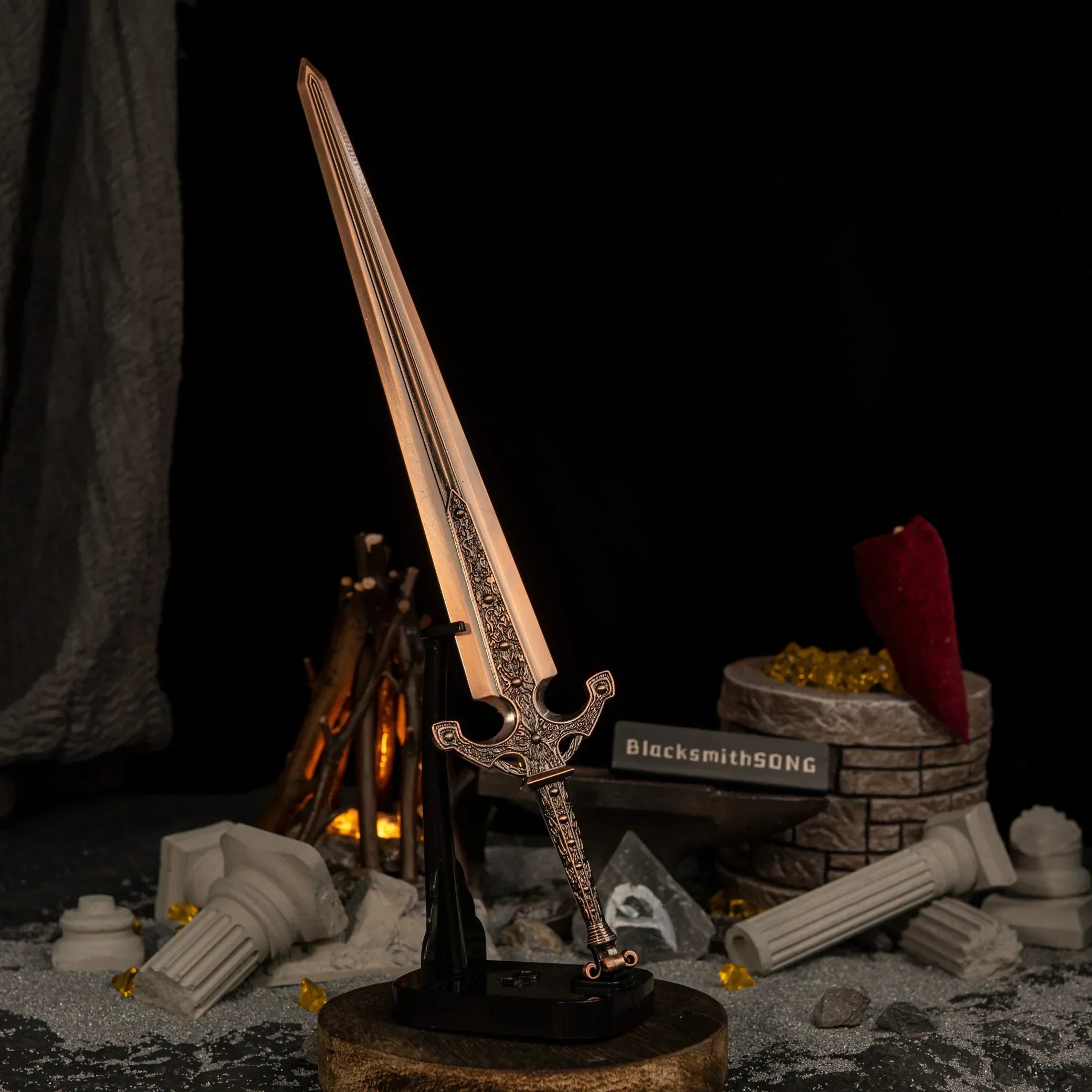 Vertical display of the Ordovis's Greatsword replica on an upright black stand, set against a dark background with classical pillars and a bonfire.