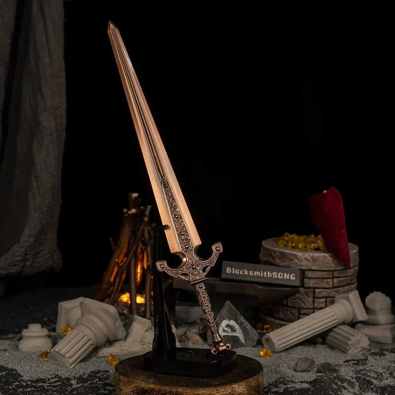 Vertical display of the Ordovis's Greatsword replica on an upright black stand, set against a dark background with classical pillars and a bonfire.