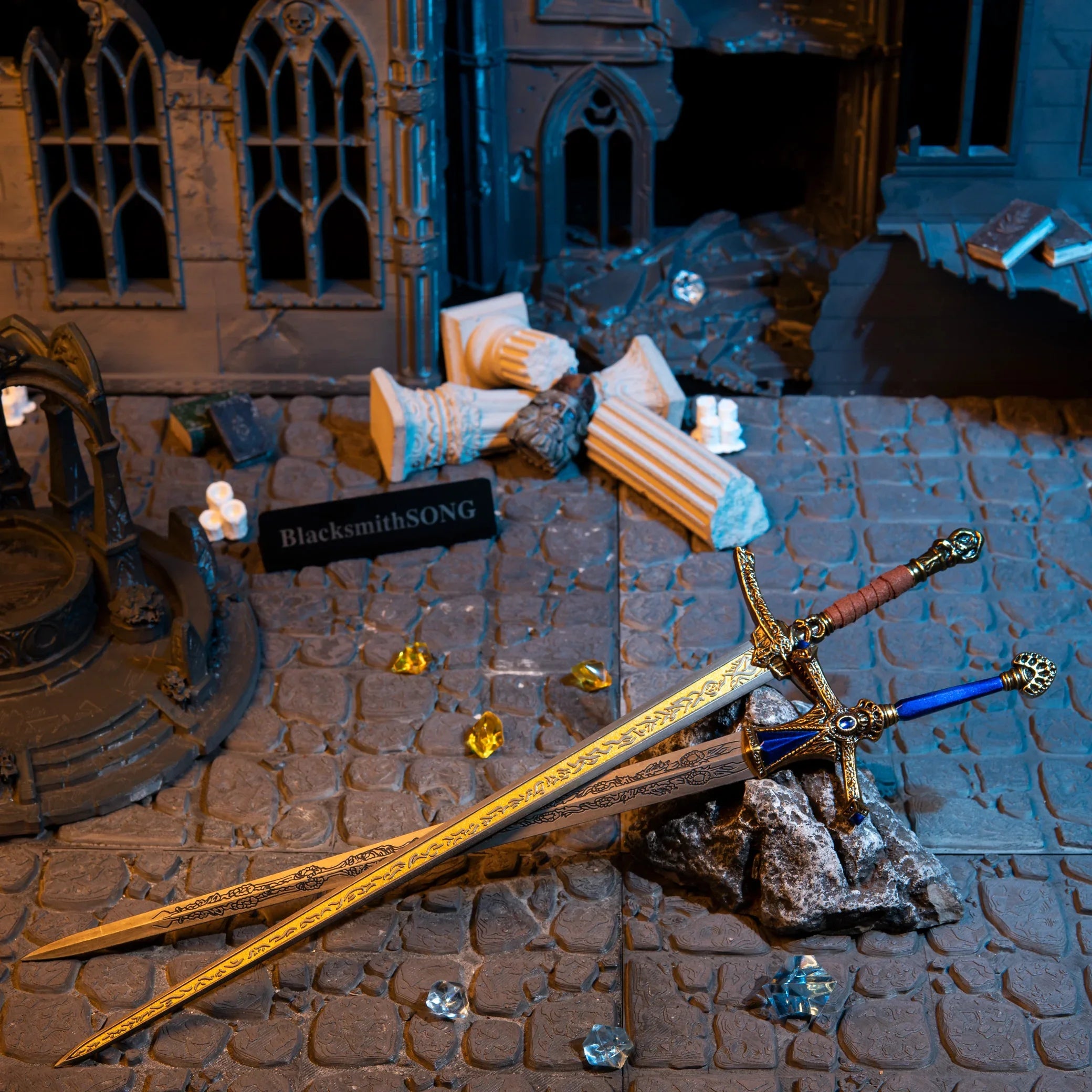 Rellana's Twin Blades replica (30cm die-cast zinc alloy swords) — hero shot in a handcrafted gothic ruins diorama, by BlacksmithSONG