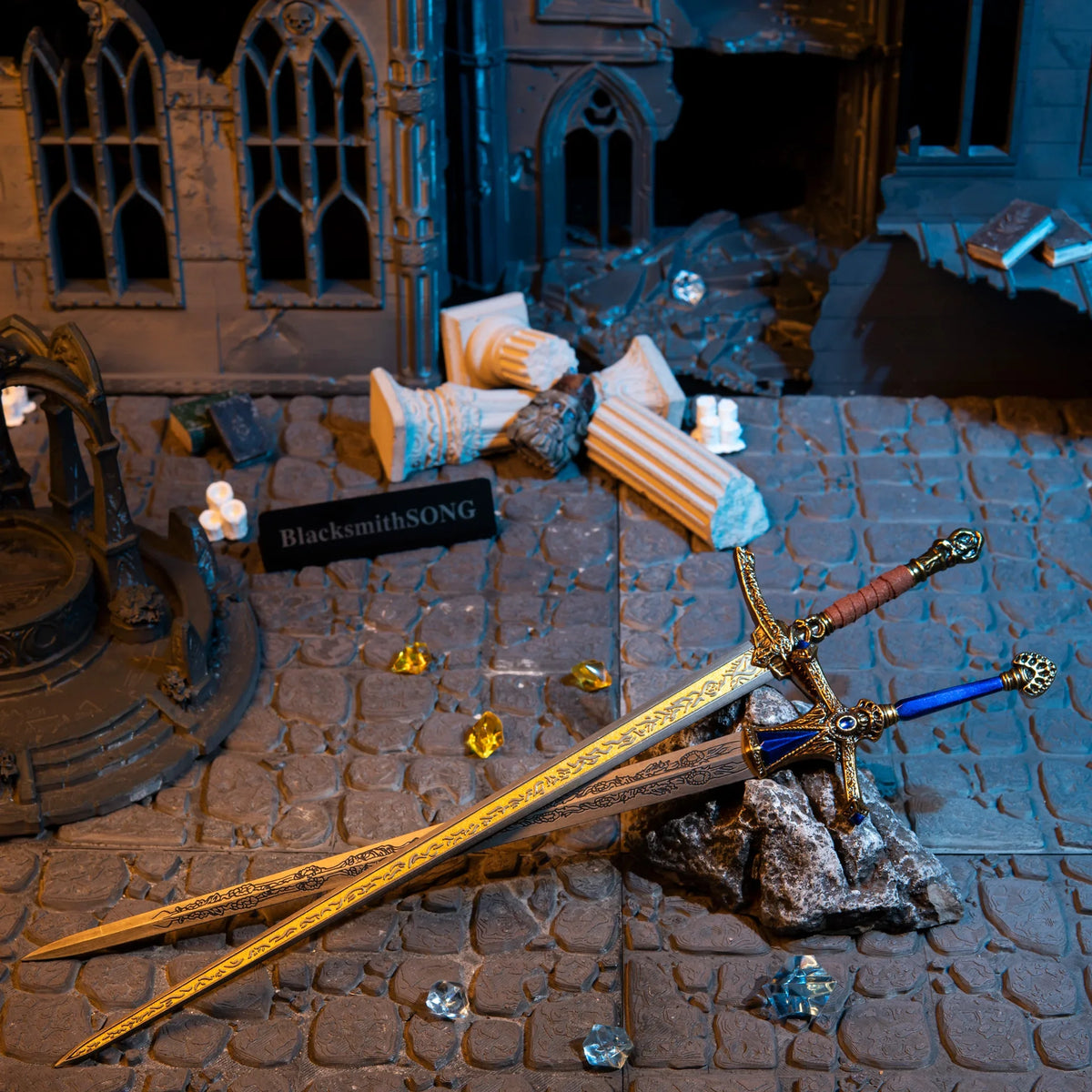 Rellana's Twin Blades replica (30cm die-cast zinc alloy swords) — hero shot in a handcrafted gothic ruins diorama, by BlacksmithSONG