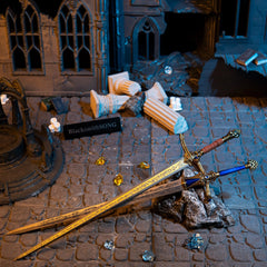 Rellana's Twin Blades replica (30cm die-cast zinc alloy swords) — hero shot in a handcrafted gothic ruins diorama, by BlacksmithSONG.