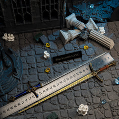 Rellana's Twin Blades replica — size chart in cm and inches.