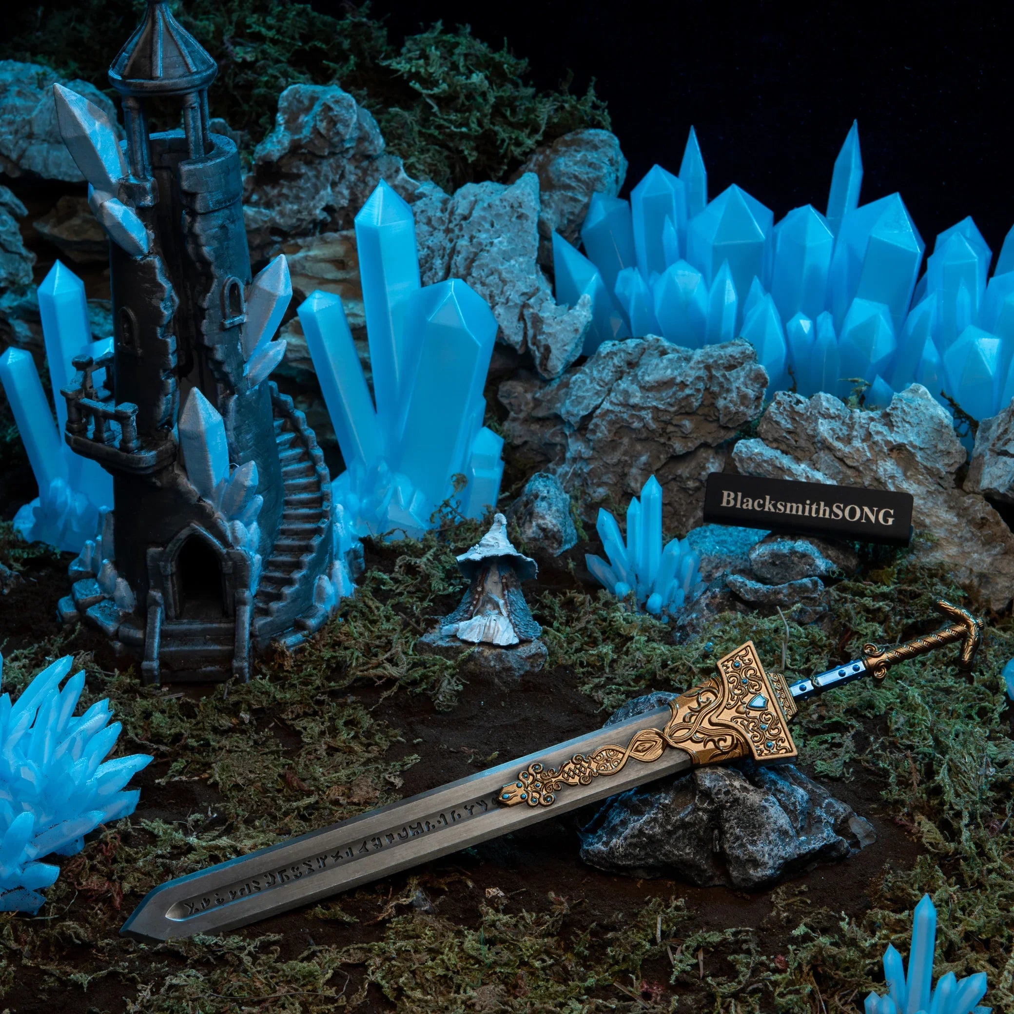 Royal Greatsword replica (30cm die-cast zinc alloy greatsword) — in a handcrafted crystal-tower diorama, by BlacksmithSONG.