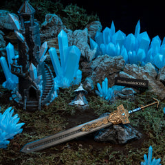 Royal Greatsword replica (30cm die-cast zinc alloy greatsword) — in a handcrafted crystal-tower diorama, by BlacksmithSONG.