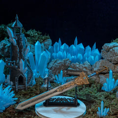Royal Greatsword replica — resting on the large display stand in the crystal set.