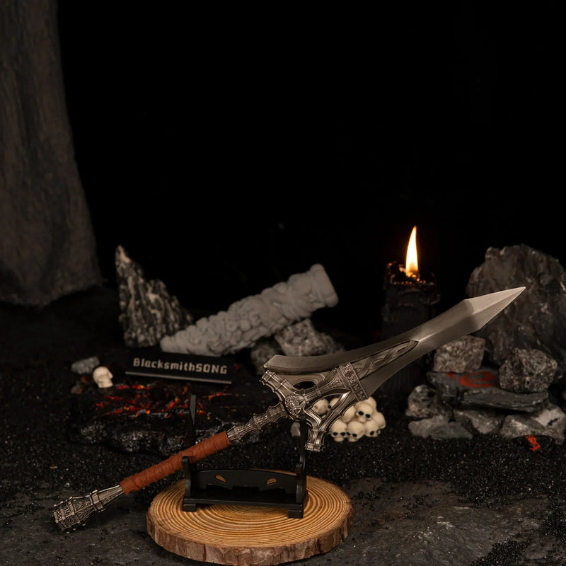 Serpent-Hunter miniature resting on a small horizontal stand with a wooden base, surrounded by dark rocks and a lit black candle.