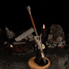 Vertical display of the Serpent-Hunter replica on an upright black stand against a Volcano Manor aesthetic background.