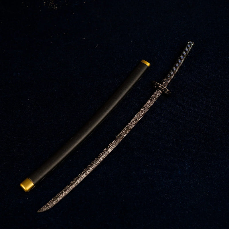 Star Shadow katana metal replica and its black scabbard with gold accents, isolated on a dark background.