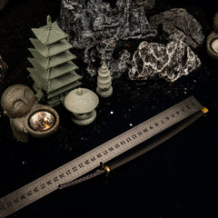 Star Shadow metal katana replica placed next to a measuring ruler, confirming a total length of approximately 25 centimeters.