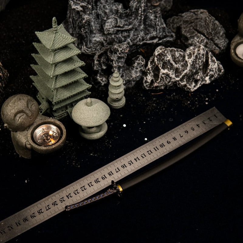 Star Shadow metal katana replica placed next to a measuring ruler, confirming a total length of approximately 25 centimeters.