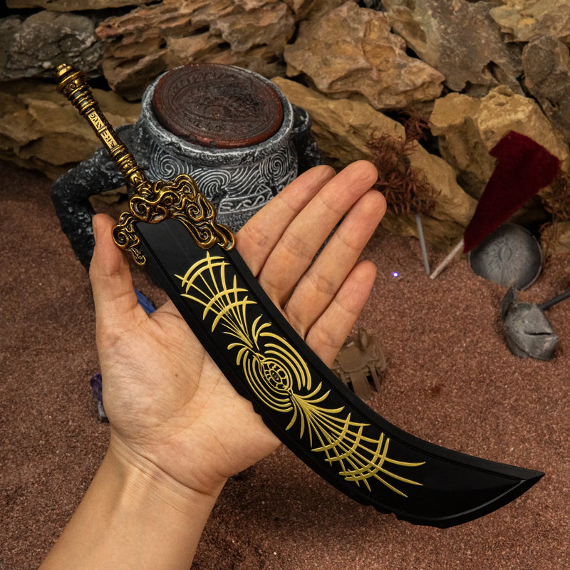 Human hand holding a single 30cm Starscourge Greatsword replica, showing its massive size and dense 311g weight.
