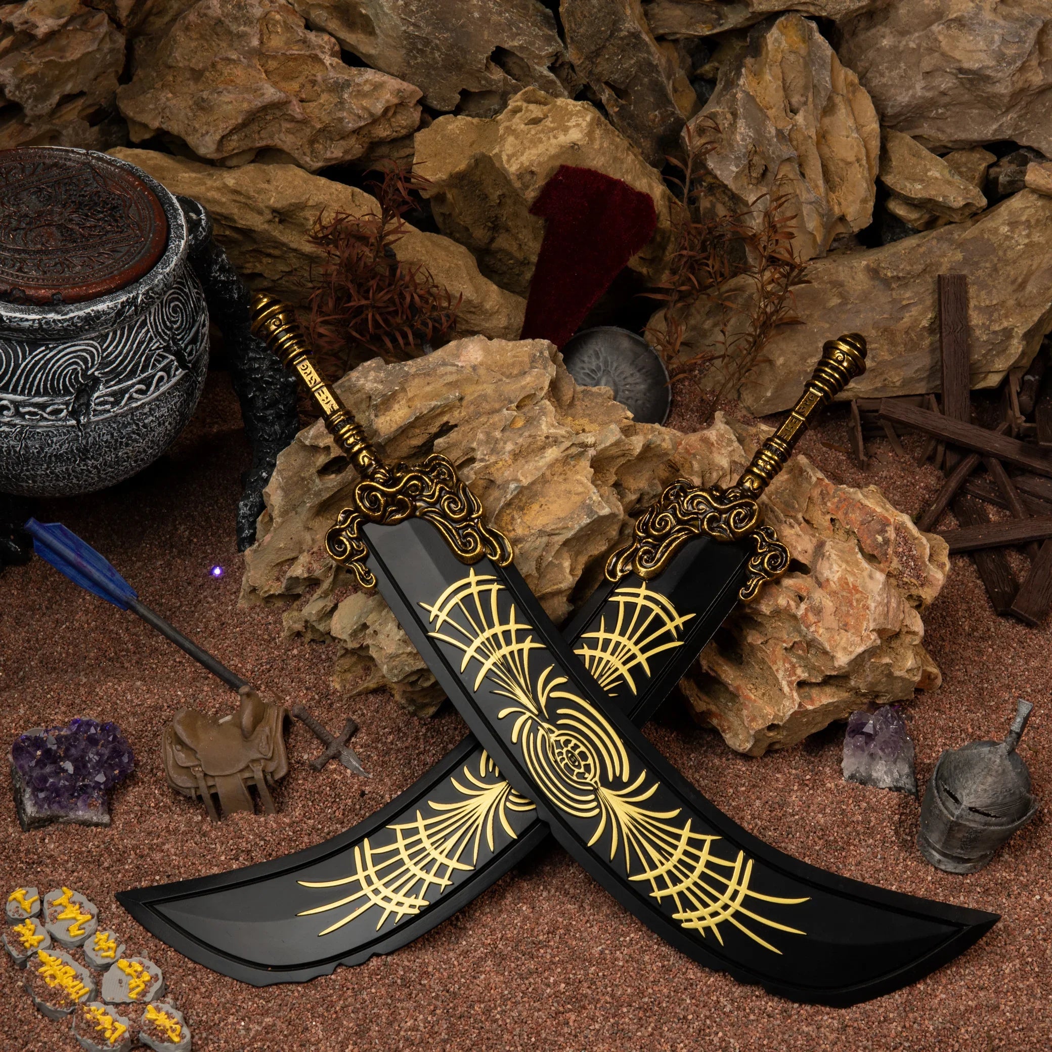 Starscourge Greatsword replica set crossed on red sand, surrounded by a Pot Friend, purple amethysts, and a horse saddle.