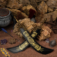 Starscourge Greatsword replica set crossed on red sand, surrounded by a Pot Friend, purple amethysts, and a horse saddle.