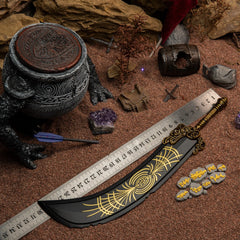 Starscourge Greatsword metal replica measured against a ruler on red sand, confirming its exact 30cm length.