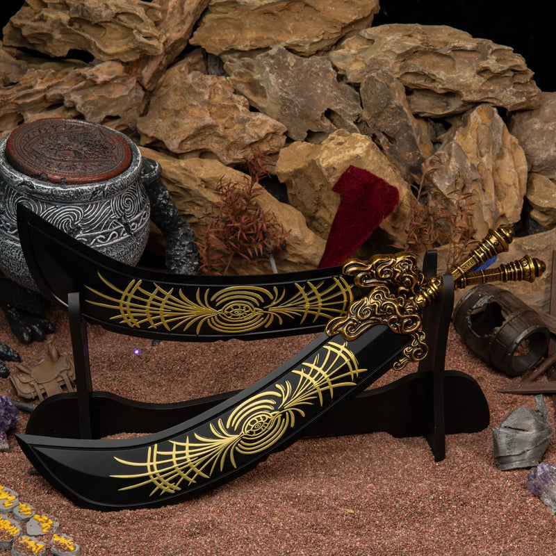 Starscourge Greatsword replica pair on a small wooden stand (sold separately) near battle-worn helmets on red sand.
