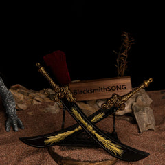 A pair of Starscourge Greatsword miniatures displayed in a crossed X-formation on a large black stand in a red sand diorama.