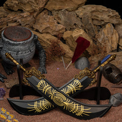 1/6 scale Starscourge Greatsword replica set mounted on a horizontal display stand (sold separately) in a Caelid diorama.