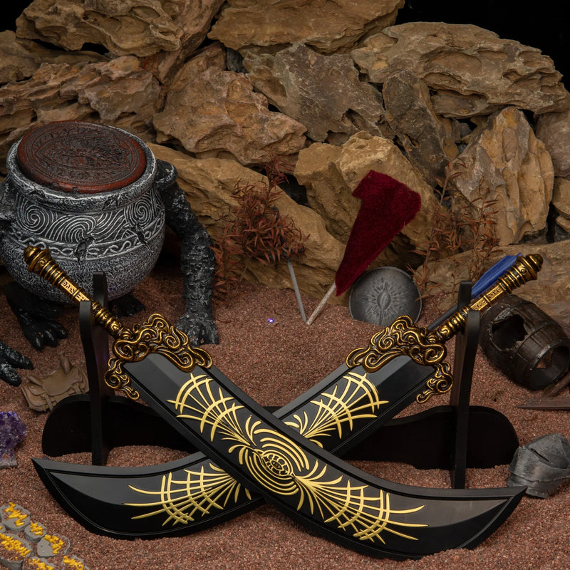 1/6 scale Starscourge Greatsword replica set mounted on a horizontal display stand (sold separately) in a Caelid diorama.